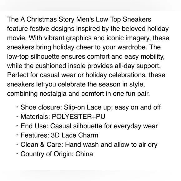 🎄A Christmas Story Ralphie Sneakers Men’s Size 11 Low Top Holiday Shoes NWT